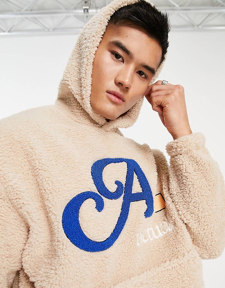 ASOS Actual oversized hoodie in teddy borg with boucle logo in cream - part of a set